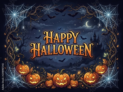 Happy halloween spooky night with pumpkins and bats
