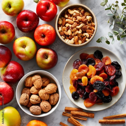 Fresh Apples and Nuts on a Table With Dried Fruits and Cinnamon Sticks During...
