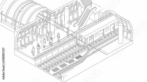 Isometric illustration of a modern subway station with trains, tracks, escalators, and waiting passengers.