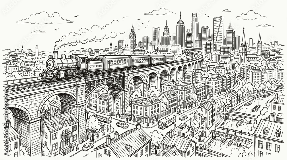 Obraz premium An intricate black and white illustration depicts a vintage steam train crossing a grand stone viaduct over a bustling cityscape with numerous buildings and a distant skyline.