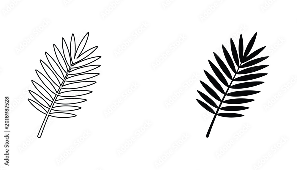 Fototapeta premium Tropical palm leaf silhouette and outline vector illustration