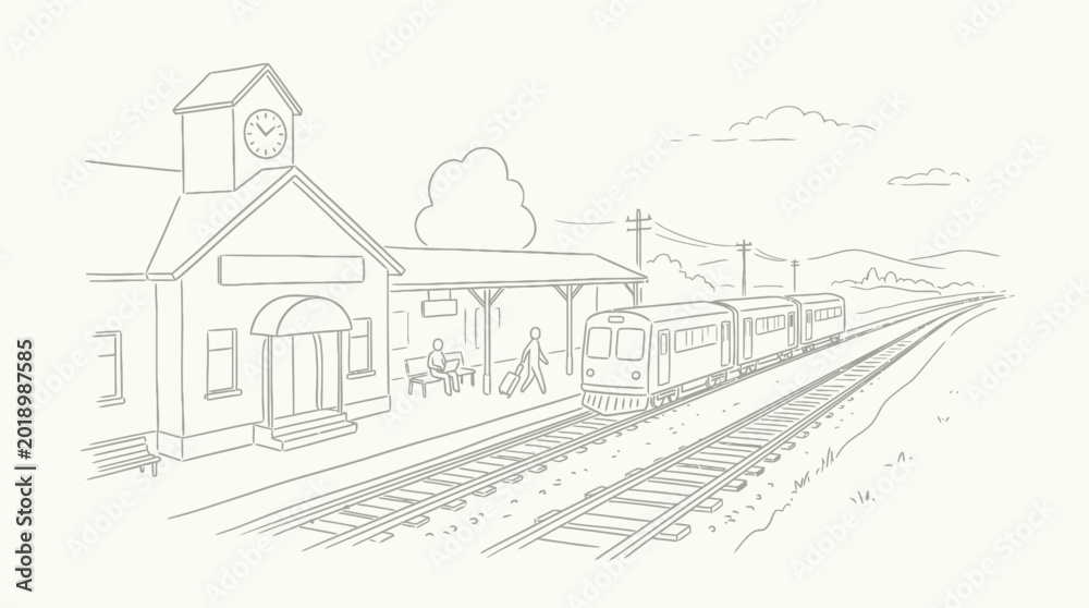 Fototapeta premium A charming sketch of a vintage train station with a waiting train on the tracks and a clock tower on the building.