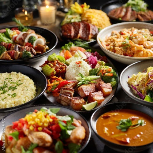 Delicious Food Spread on Table With Various Dishes Ready for Sharing and Enjo...