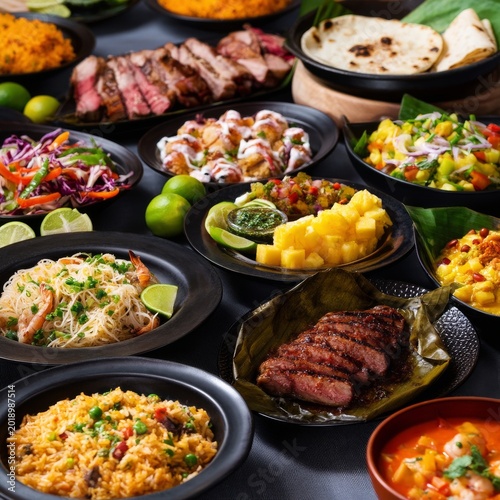 Delicious Food Spread Featuring Various Dishes From a Vibrant Meal Gathering