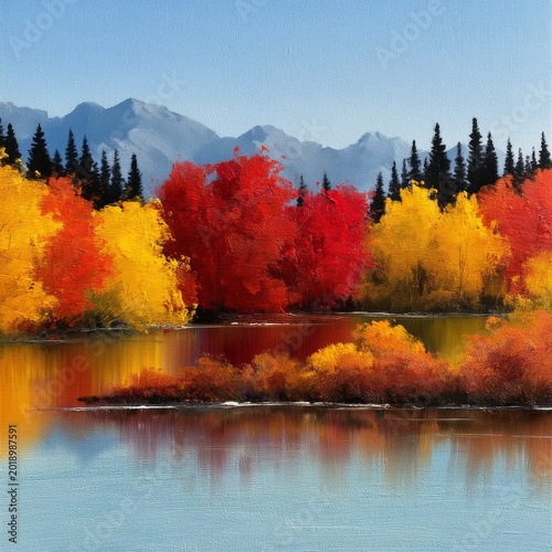 Colorful Trees Reflect in Water During Autumn Near Mountains and Forest