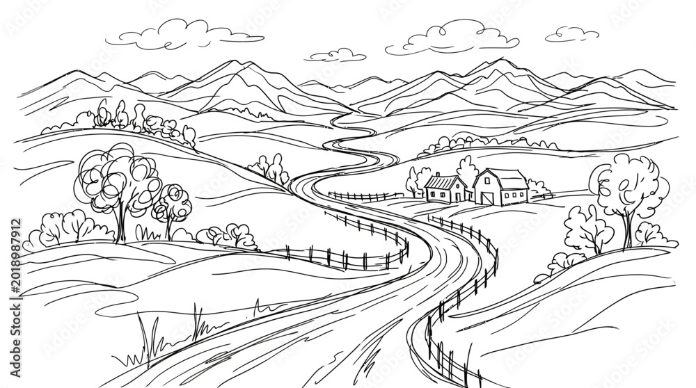 Fototapeta premium A winding country road meanders through rolling hills towards distant mountains, with a farmhouse and trees dotting the landscape.