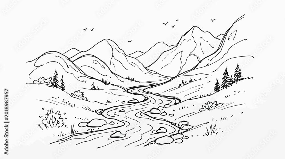 Fototapeta premium A detailed black and white sketch of a winding river flowing through a majestic mountain valley, with trees and birds adding life to the serene landscape.