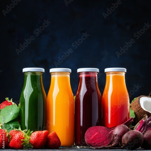 Juices in Glass Bottles With Fruits and Vegetables on a Dark Background