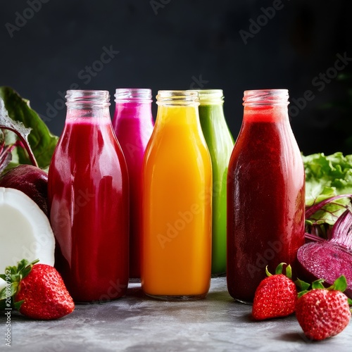Juices in Glass Bottles With Fruits and Vegetables on a Dark Background