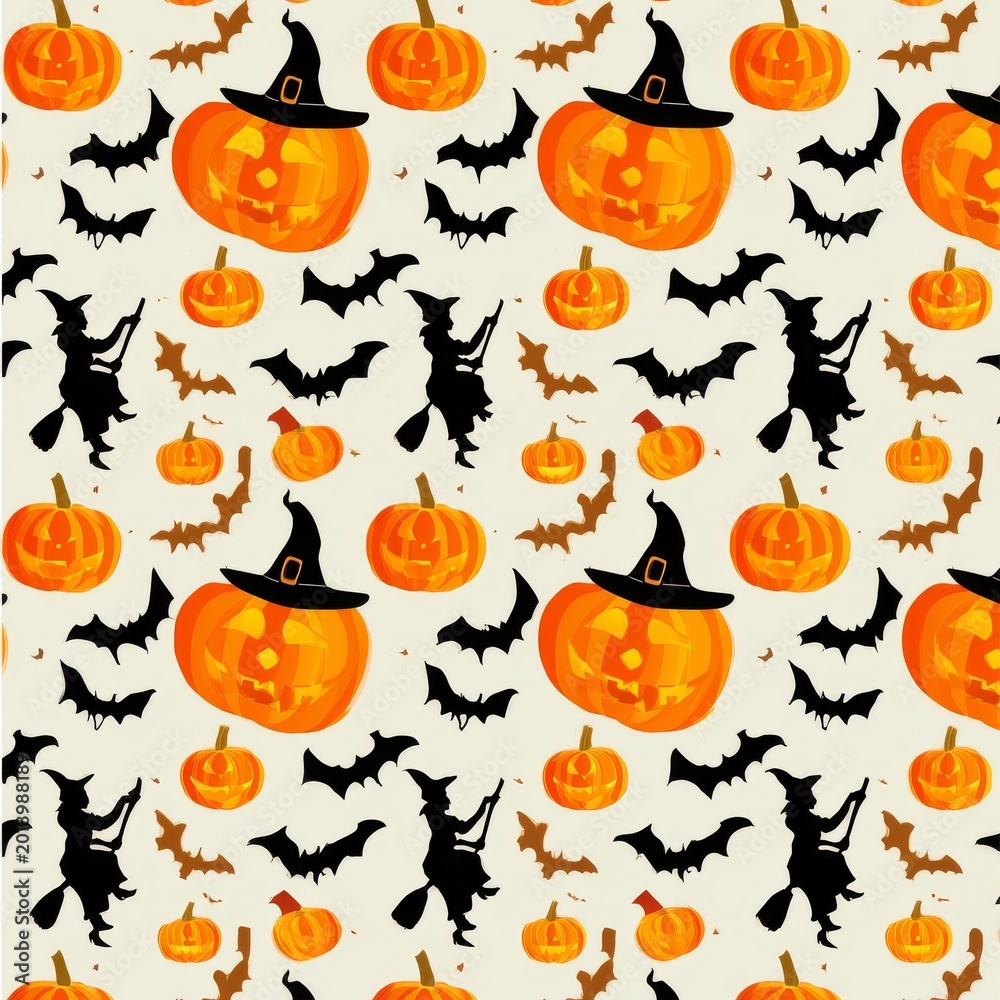 Fototapeta premium Colorful Halloween Pattern With Pumpkins, Bats, and Witches Hats on a Light Background