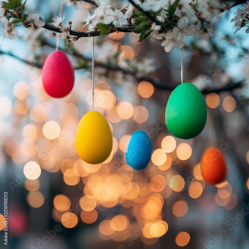Colorful Eggs Hang From Branches in Springtime With Blurred Lights in the Bac...