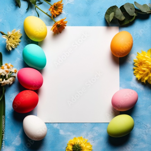 Colorful Decorated Eggs Arranged Around a Blank Paper on a Blue Surface With ...