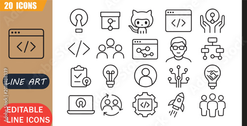 Bild auf Leinwand Isolated open source icons set, 20 editable line art icons set, github coding co