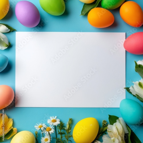 Colorful Eggs and Flowers Arranged on Blue Surface for Decoration