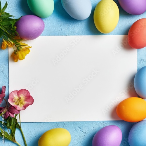 Colorful Eggs and Flowers Arranged on Blue Surface for Decoration