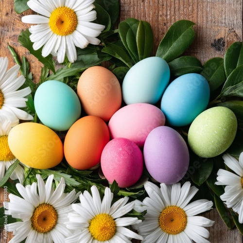 Colorful Eggs Placed Among Flowers on a Wooden Surface During Spring Celebration