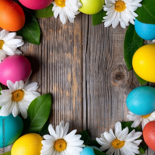 Colorful Eggs Placed Among Flowers on a Wooden Surface During Spring Celebration