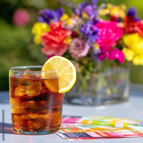 Refreshing Drink With Lemon Slice and Colorful Cards on Table With Flowers in...