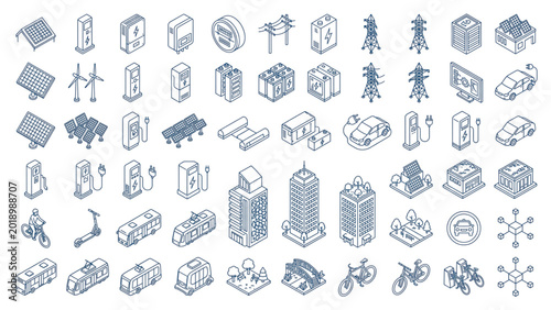Isometric Sustainable Smart City Line Icon Set with Solar Panels, EV Charging, Smart Grid and Urban Mobility Elements Editable Stroke Vector Collection