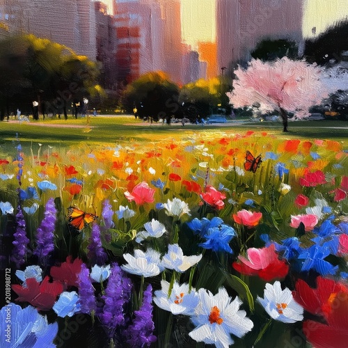 Blooming Flowers and Sunset in a City Park With a Cherry Blossom Tree and Bui...