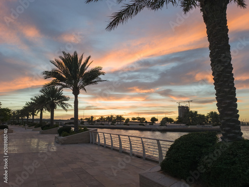 Serene Sunset at Al Raha Beach, Abu Dhabi with Palm Trees and Waterway
