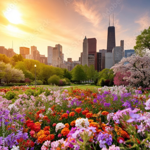 Colorful Flowers in a City Park During Sunset With a Skyline View