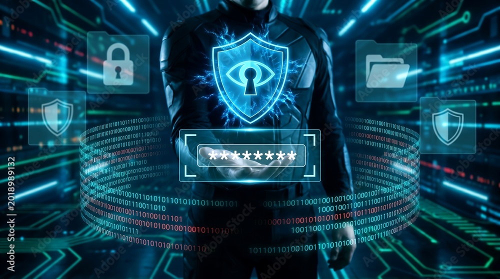 Fototapeta premium Cybersecurity digital shield concept, futuristic data protection interface with glowing blue icons, secure network technology and biometric authentication