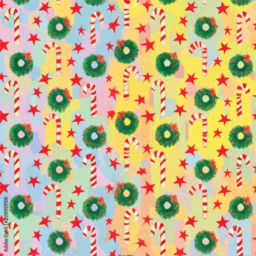 Holiday Patterns With Wreaths, Candy Canes, and Stars on a Colorful Background