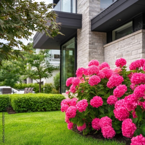 Bright Flowers and Green Shrubs Brighten a Modern House Front During a Sunny Day