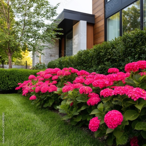 Bright Pink Flowers in Garden Near Modern House During Sunny Day