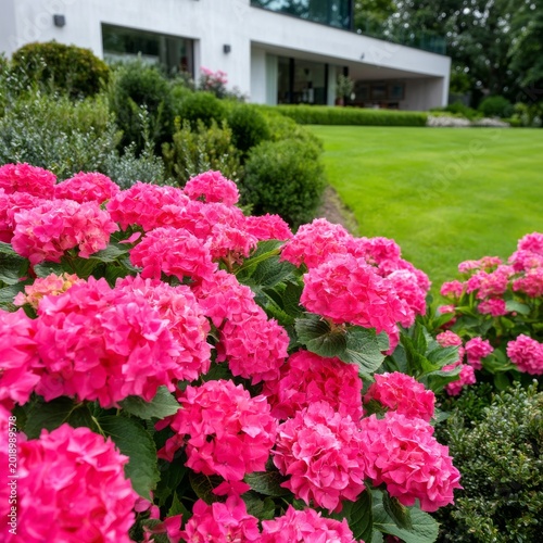 Bright Pink Flowers in Garden Near Modern House During Sunny Day