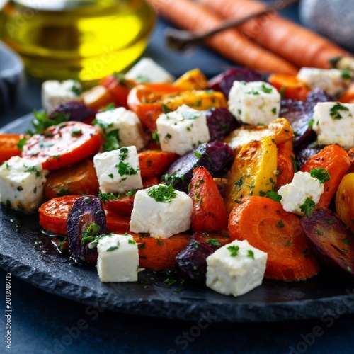 Roasted Vegetables With Cheese Served on a Black Plate at a Dining Table