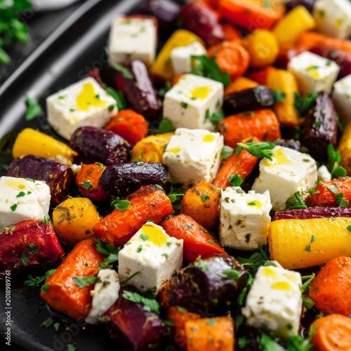 Roasted Vegetables With Cheese Served on a Black Plate at a Dining Table