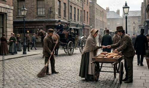 People walking on a busy london street in 19th century.