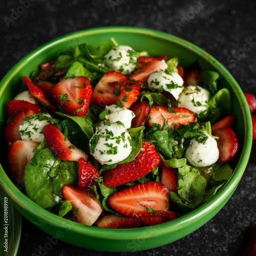 Fresh Salad With Strawberries and Mozzarella Served in a Green Bowl on a Dark...