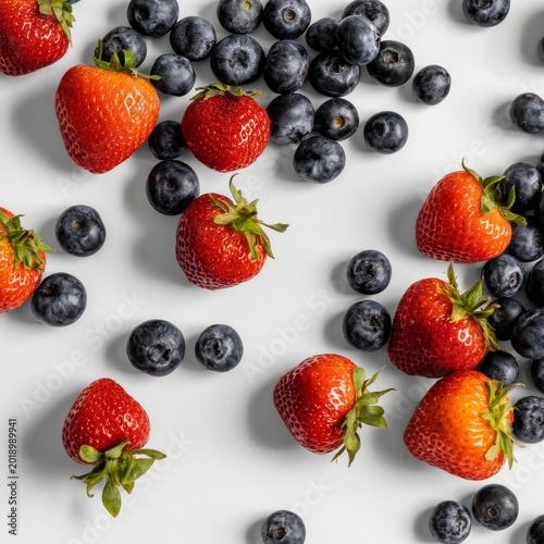 Fresh Strawberries and Blueberries on a Light Surface in a Mixed Arrangement