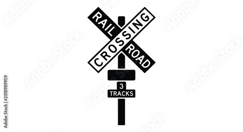 Railroad crossing sign with tracks detail black silhouette