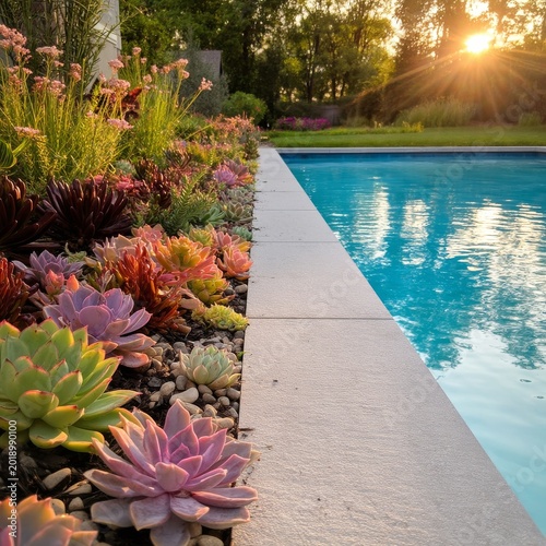 Bright Sun Shining Over Succulents and a Swimming Pool in a Garden During Lat...