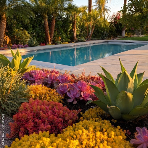 Colorful Succulent Garden by the Pool at Sunset in a Warm Climate Environment