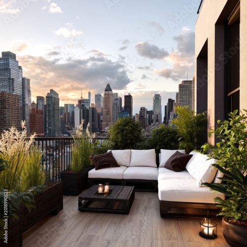 Modern Rooftop Lounge With City Skyline View During Sunset in New York City