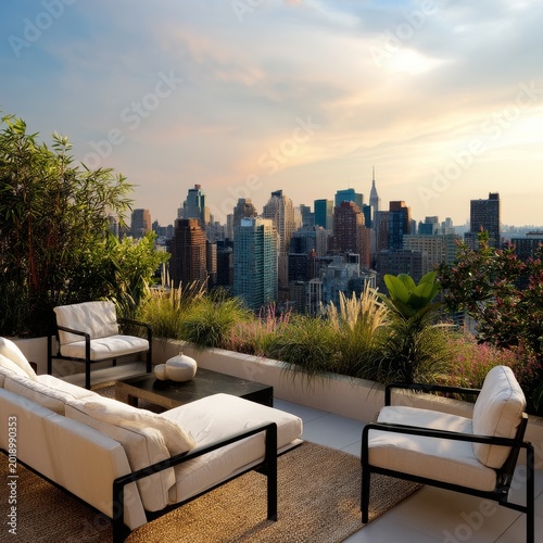 Modern Rooftop Lounge With City Skyline View During Sunset in New York City