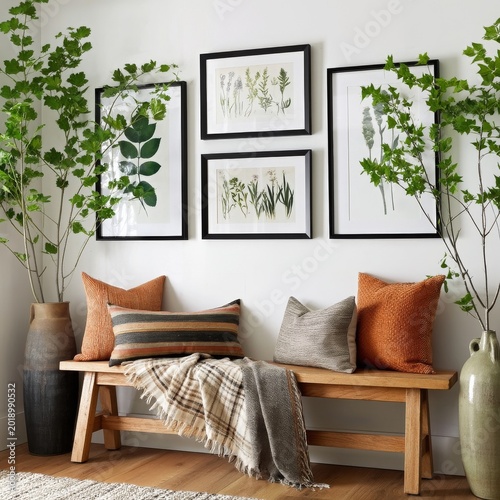 Decorative Indoor Space With Plants, Bench, and Artwork in a Bright Room Duri...