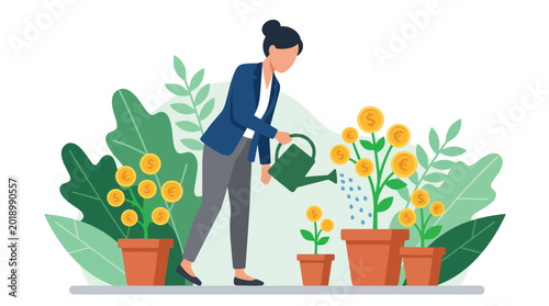 Fényképezés Flat vector illustration of people growing money plants and managing passive inc