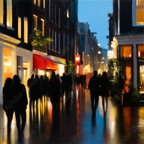 People Walking in a Busy Street During the Evening With Lights and Reflection...