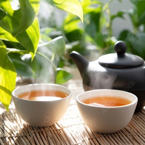 Tea Served in Two Bowls Next to a Teapot With Steam Rising in a Green Indoor ...