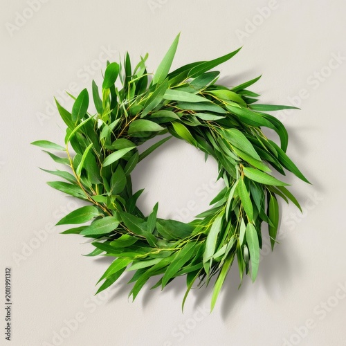 Fresh Eucalyptus Wreath Arranged on a Light Surface for Decoration in a Simpl...