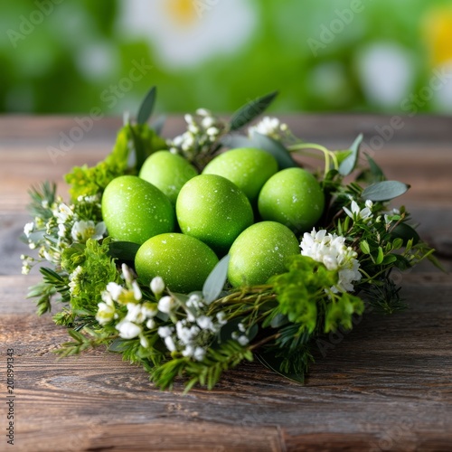 Colorful Green Eggs Arranged in a Natural Setting With Flowers and Greenery o...