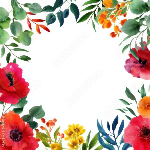 Colorful Floral Border With Red and White Flowers Around a Blank Space