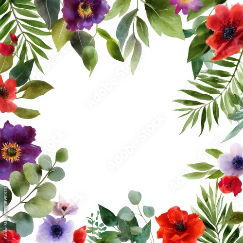 Colorful Flowers and Green Leaves Create a Bright Border for a Blank Space in...