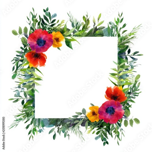 Colorful Flowers and Green Leaves Create a Bright Border for a Blank Space in...